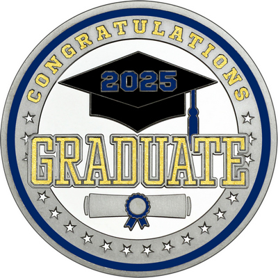Gold "Congratulations Graduate" with Navy Blue 2025, Rim, Tassel & Ribbon